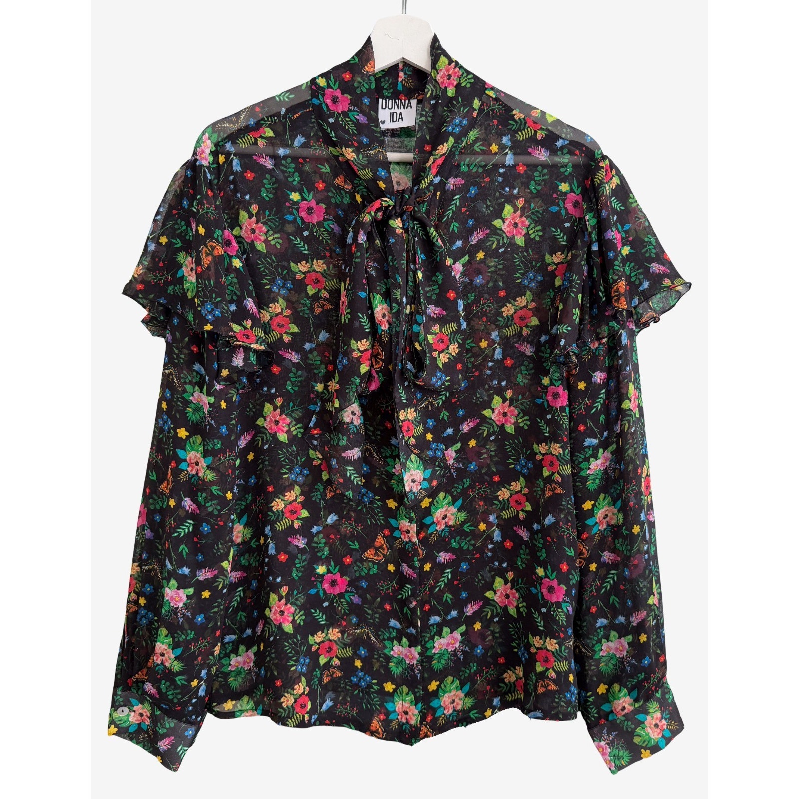 Donna Ida Blouse Whimsical Butterfly Floral 100% Silk Tie Neck Flutter Large — image 2 of 8